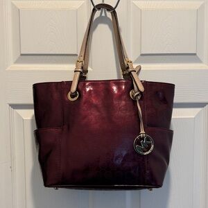 Michael Kors Burgundy Patent‎ Leather Monogram Tote Bag